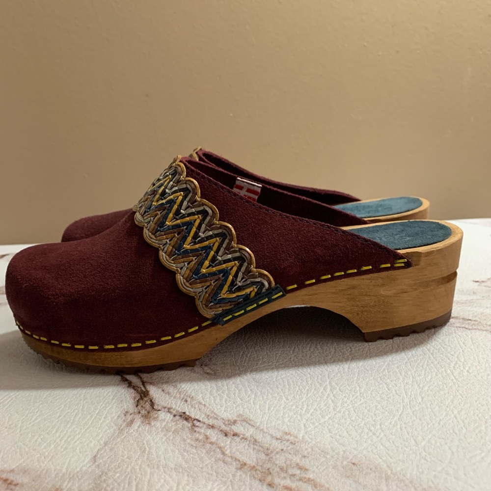 Sanita Wood Clog Weave Band Danish Burgundy Suede
